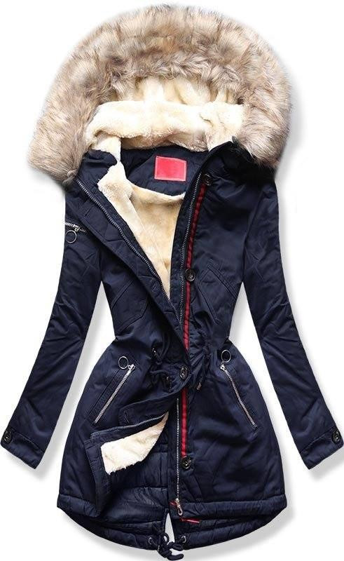 Tmavě modrá zimní parka s plyšovou podšívkou