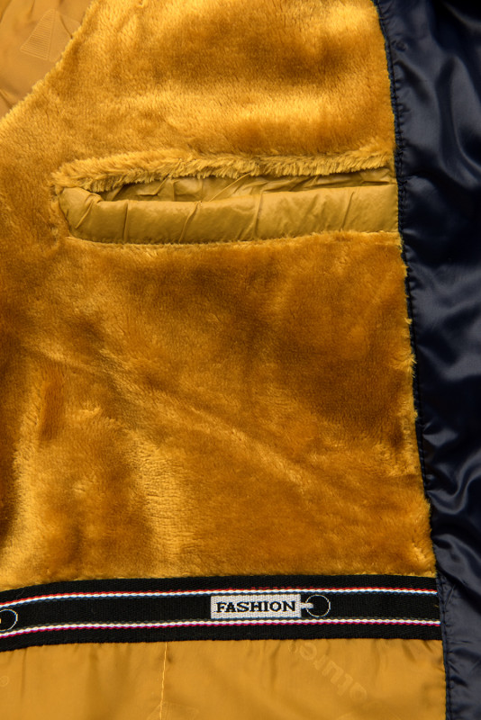 Žluto-modrá bunda s kontrastním lemováním