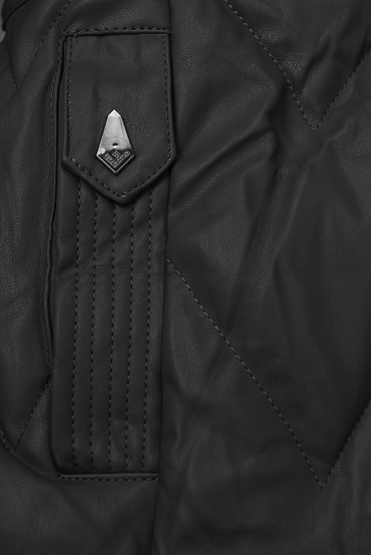 Zimní koženkový kabát s umělou kožešinou, černý