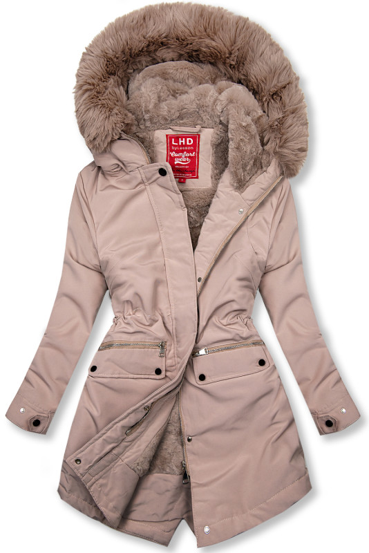 Béžovo-růžová parka s plyšem a kožešinou
