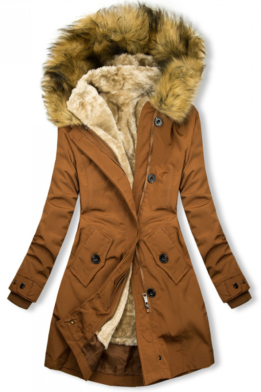 Camel hnědá parka na podzim/zimu s odnímatelným futrem