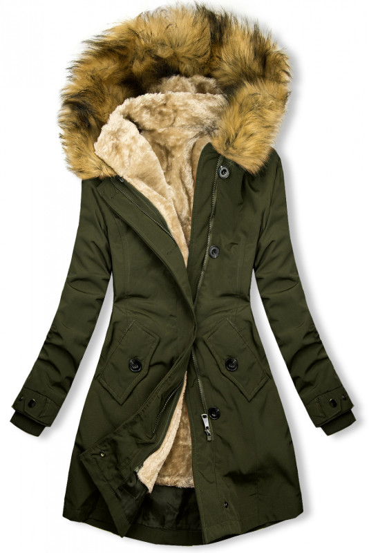 Khaki parka na podzim/zimu s odnímatelným futrem
