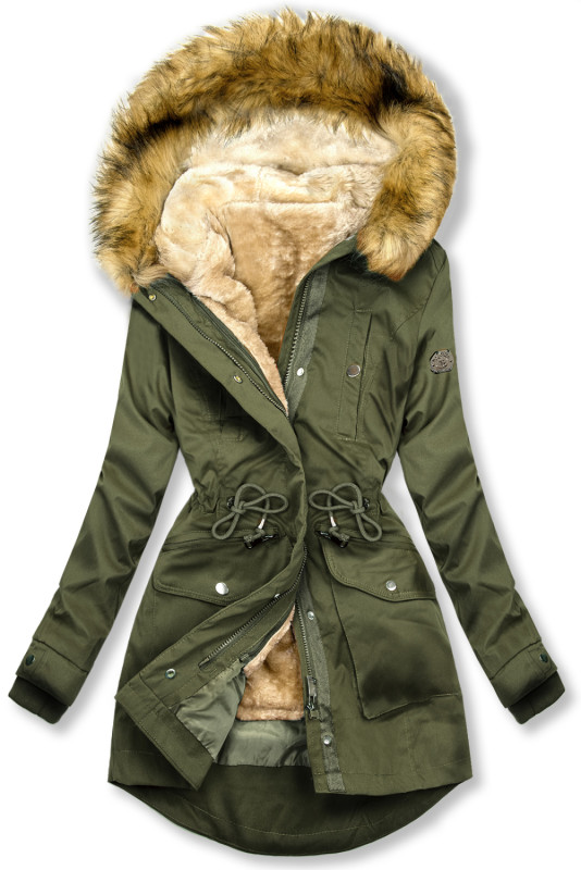 Khaki parka s odnímatelným futrem a kožešinou