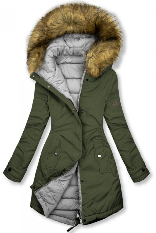 Khaki/šedá oboustranná zimní bunda