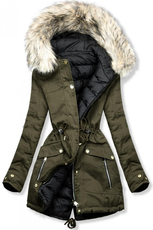 Khaki-černá oboustranná zimní parka