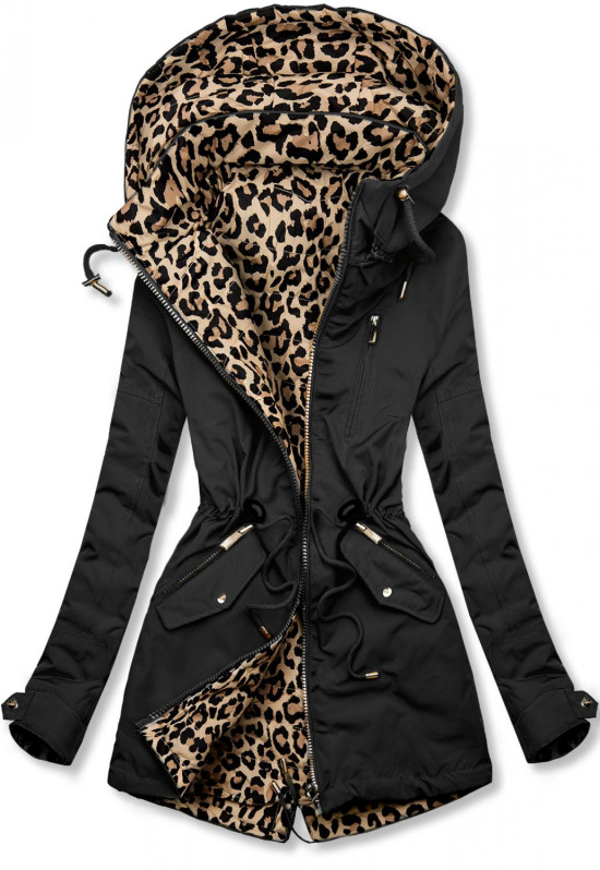 Černá oboustranná parka s leopardím vzorem