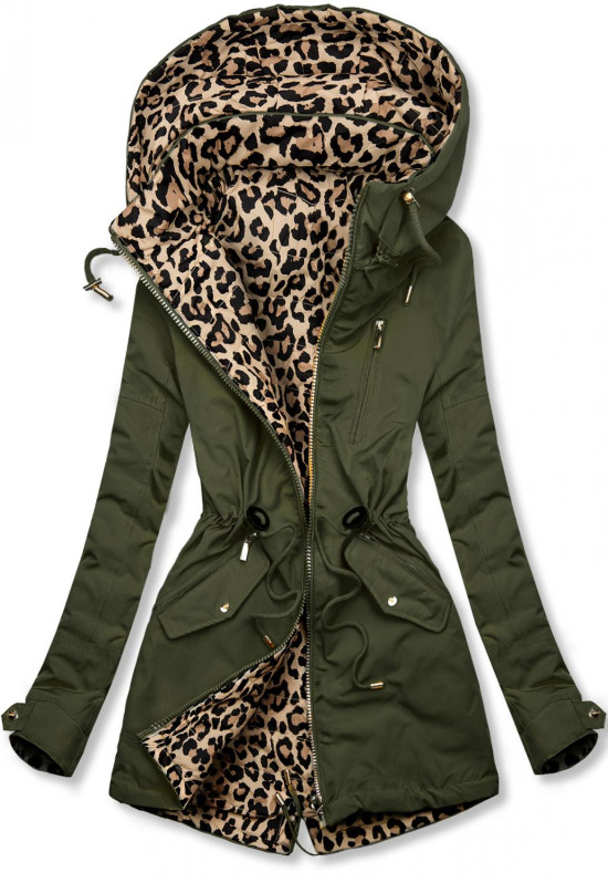 Khaki oboustranná parka s leopardím vzorem