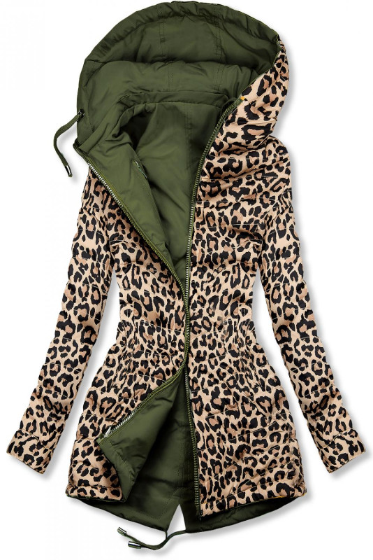 Khaki oboustranná parka s leopardím vzorem
