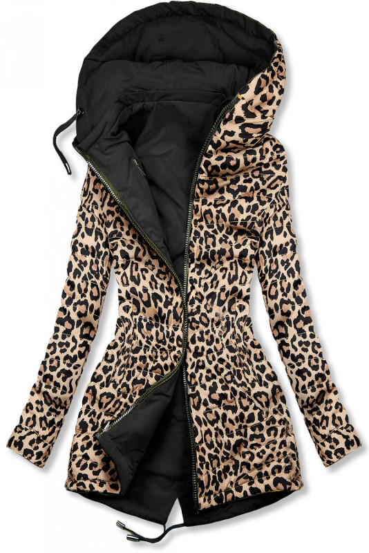 Černá oboustranná parka s leopardím vzorem