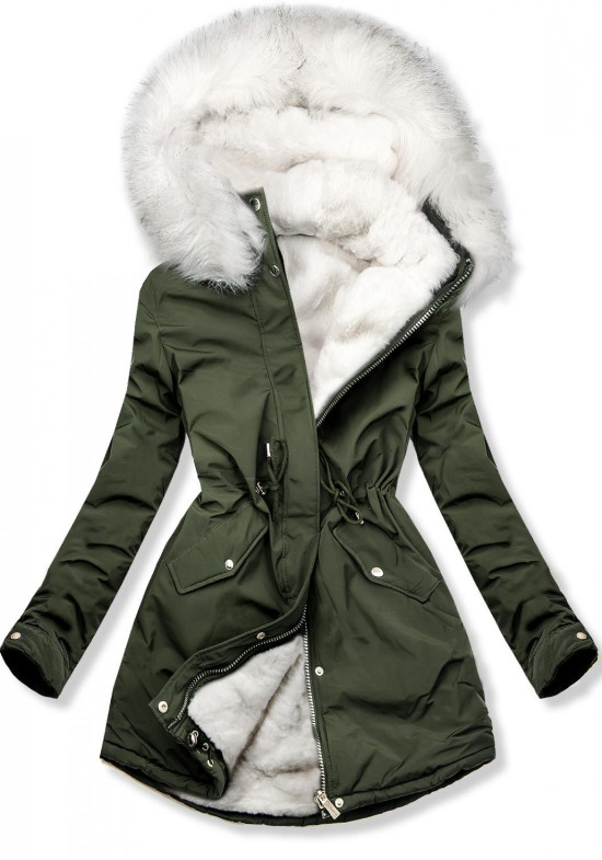 Khaki zimní parka s bílým plyšem