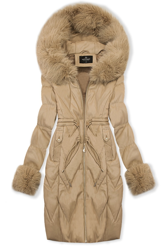 Zimní koženkový kabát s umělou kožešinou, béžový
