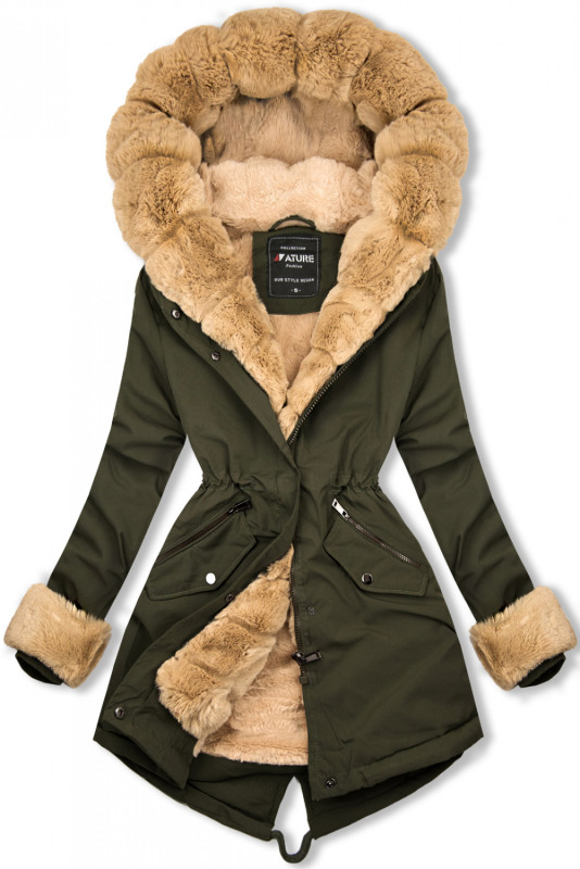 Khaki parka s odnímatelným kožešinovým lemem