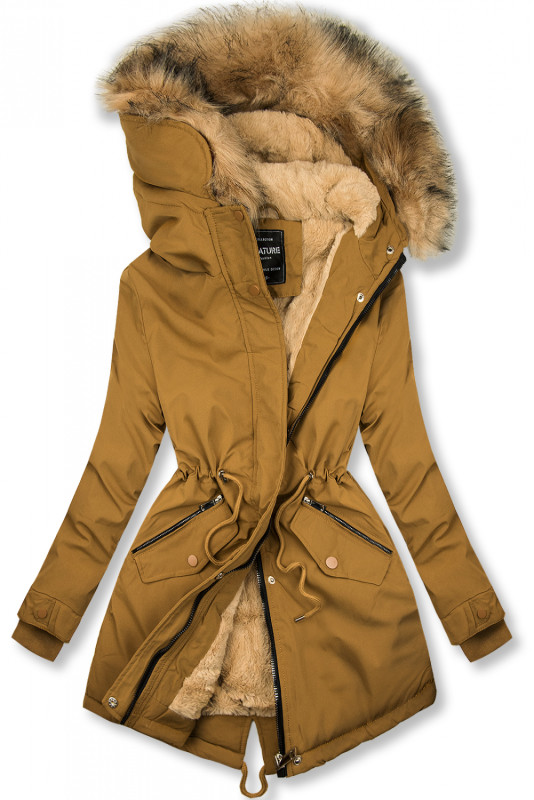 Camel hnědá zimní parka s umělou kožešinou