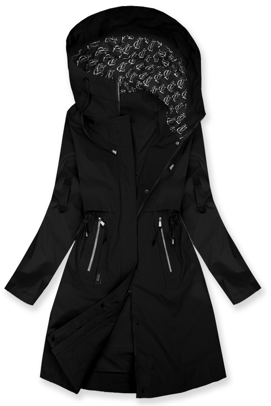 Prodloužená parka s potiskem v kapuci černá