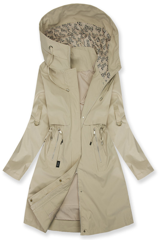 Prodloužená parka s potiskem v kapuci světle béžová