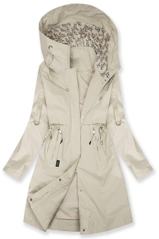 Prodloužená parka s potiskem v kapuci ecru