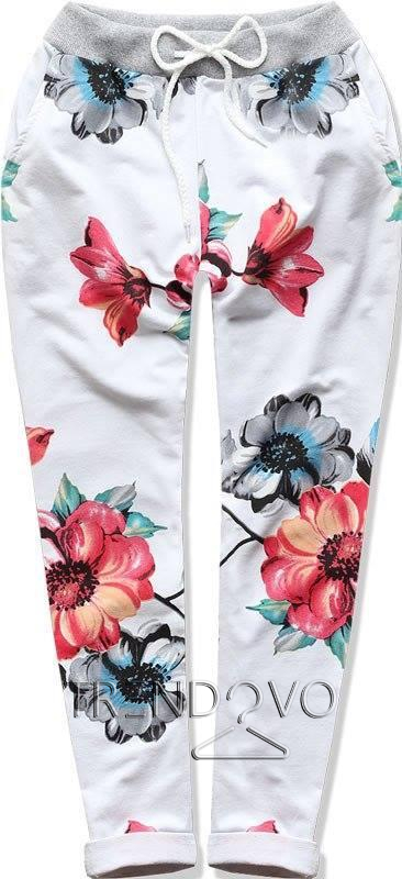 Bílé bavlněné květinové kalhoty