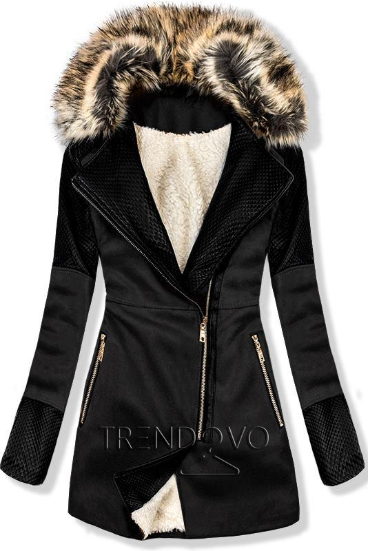 Černý zimní kabát s kožešinovou podšívkou