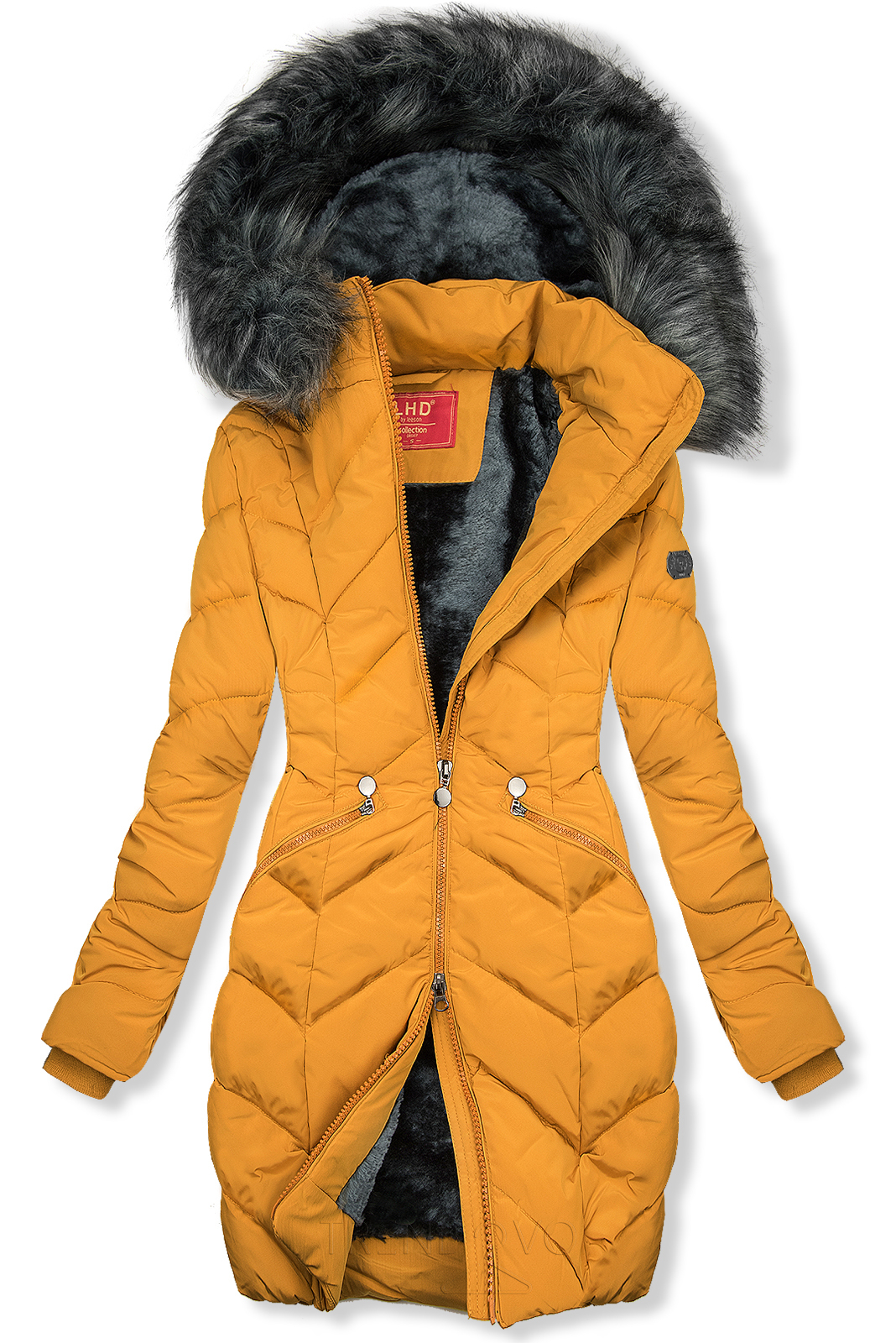 Žlutá prošívaná zimní bunda s odnímatelnou kapucí