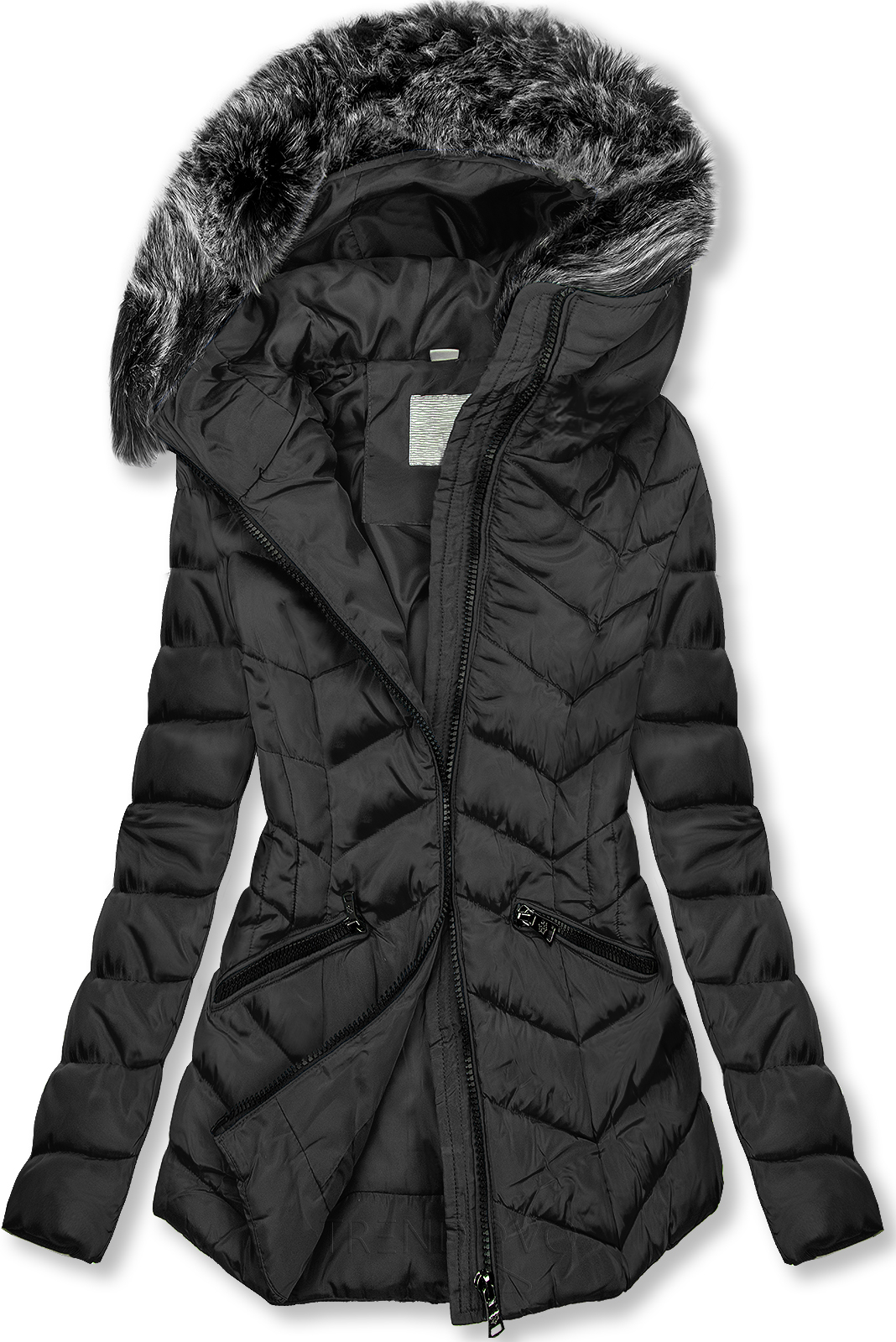 Černá zimní prošívaná bunda s nepravou kožešinou