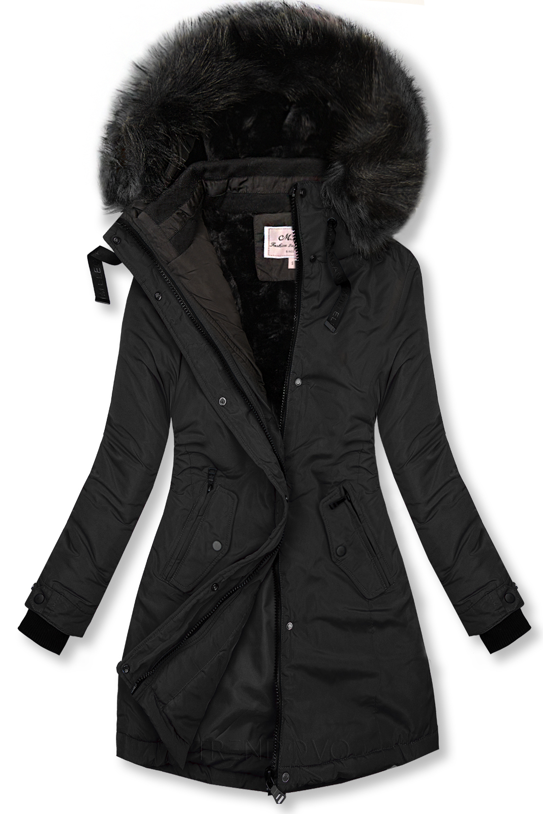 Černá prodloužená zimní bunda s černou kožešinou