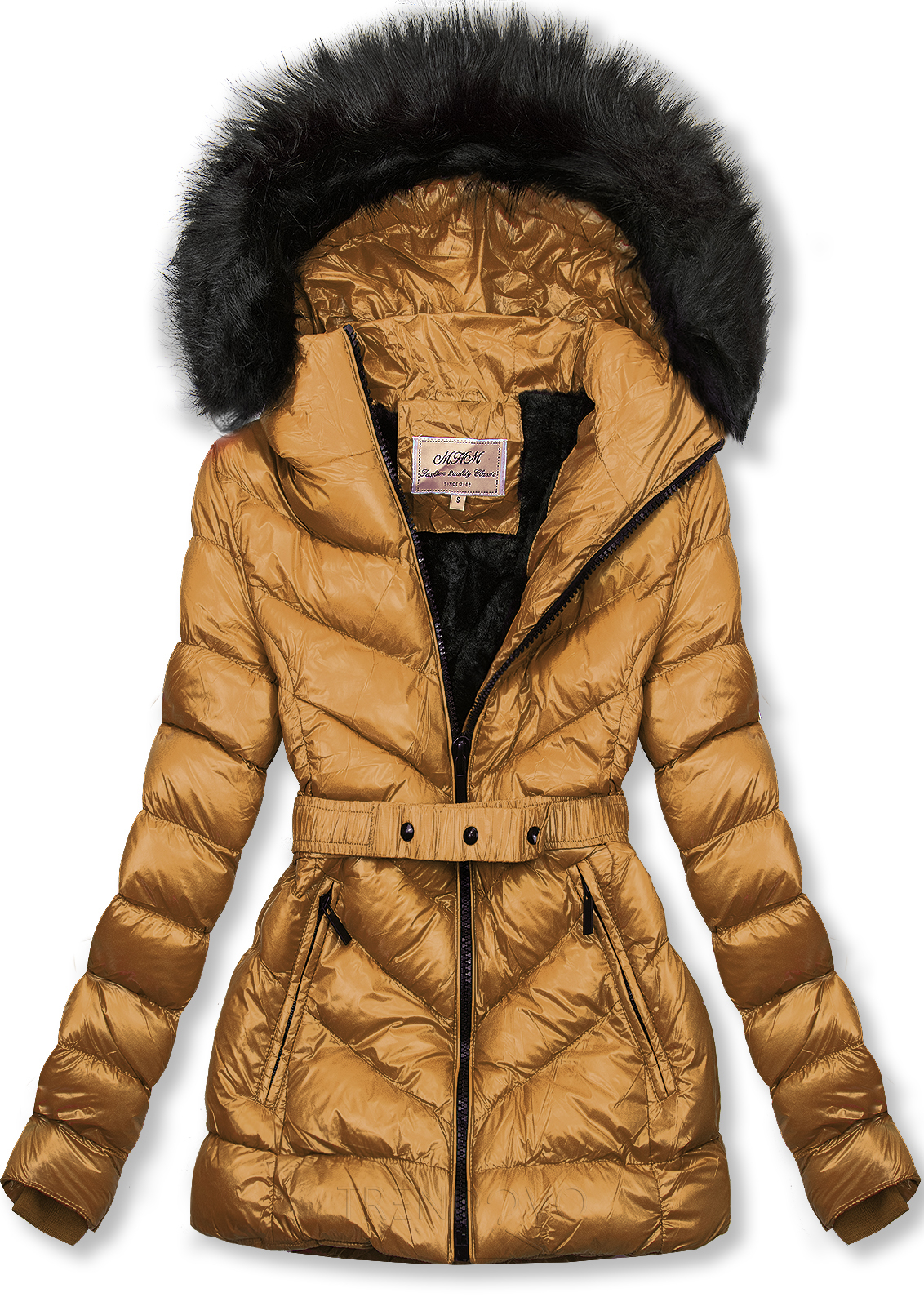 Karamelová zimní krátká bunda s černou kožešinou