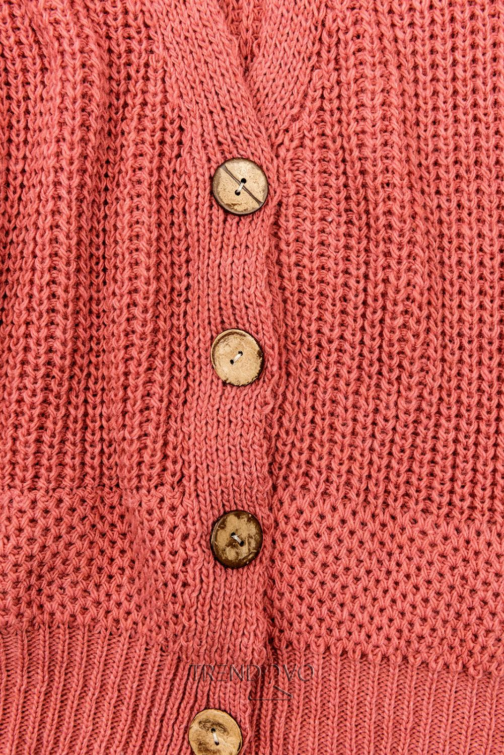 Korálový pletený svetr na knoflíky
