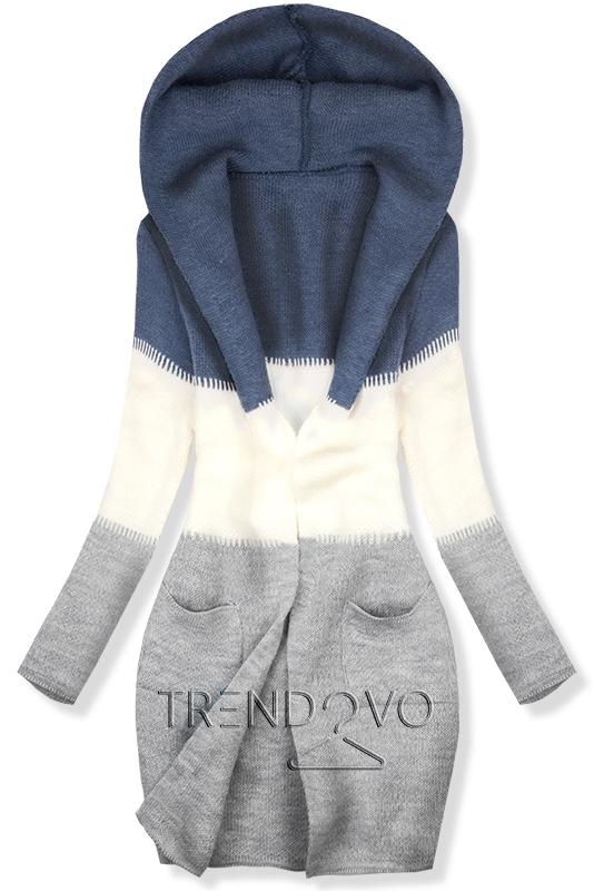 Pletený svetr s kapucí modrá/bílá/šedá
