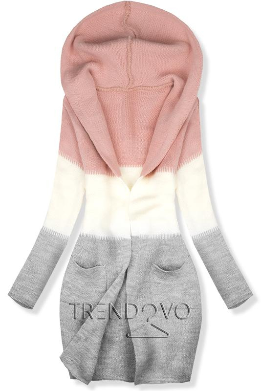 Pletený svetr s kapucí růžová/bílá/šedá