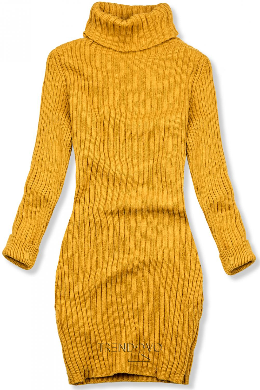 Žluté pletené rolákové šaty