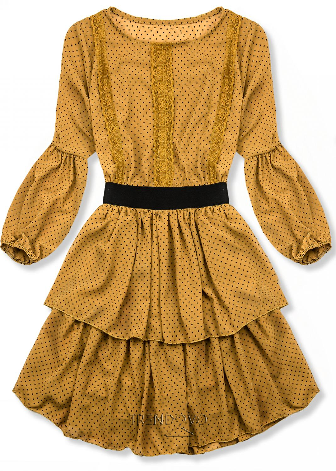 Mustard elegantní puntíkované šaty