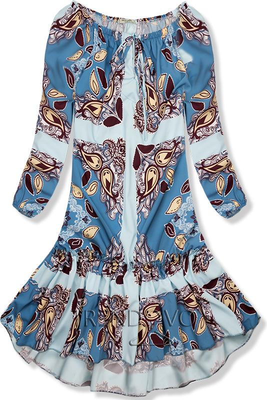 Modré vzorované šaty s volánovou sukní