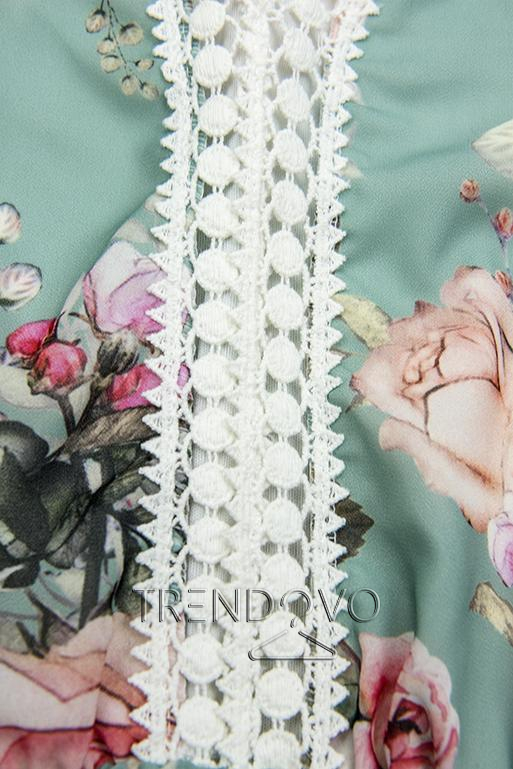 Mátovo-zelené květinové šaty s volány a krajkou