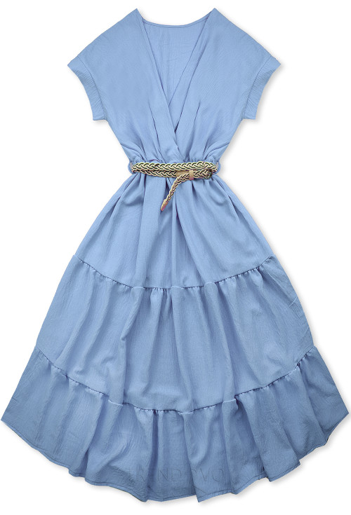 Světle modré midi letní šaty s páskem