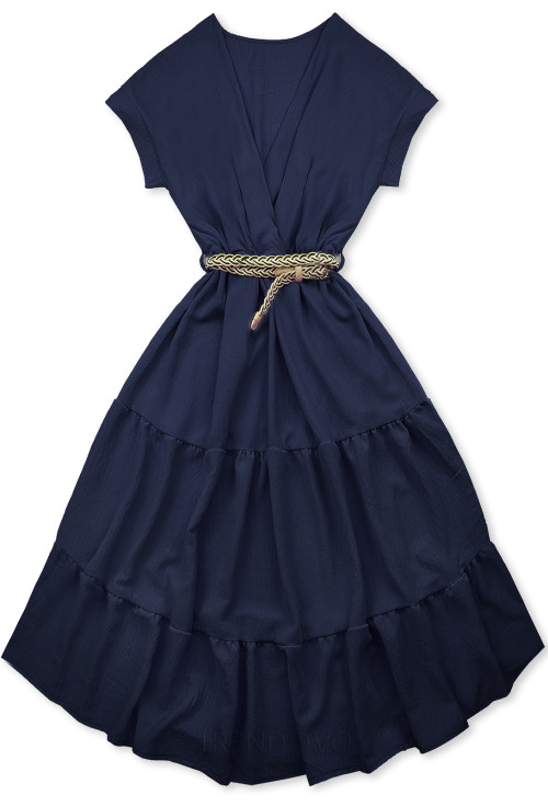 Tmavě modré midi letní šaty s páskem