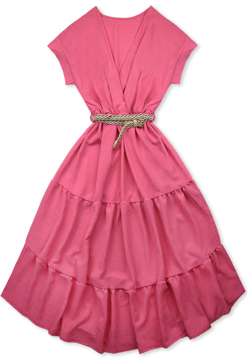 Růžové midi letní šaty s páskem