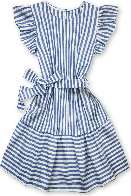 Bílo-modré pruhované šaty s volány