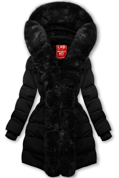 Černá zimní bunda s páskem a kožešinou