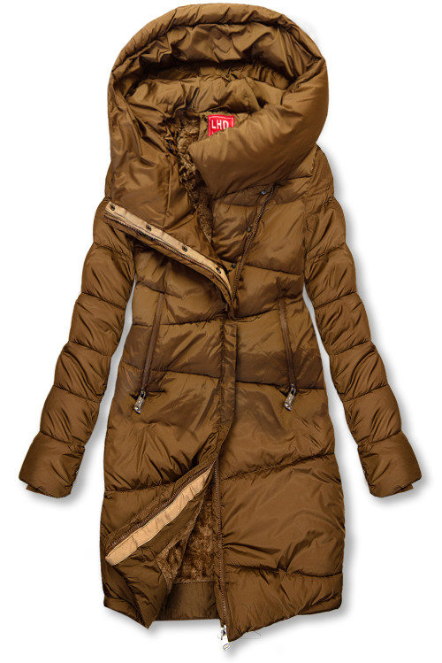 Karamelově hnědá prošívaná zimní bunda s vysokým límcem