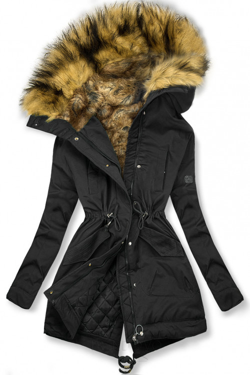Černá zimní bunda s vysokým límcem a kožešinou