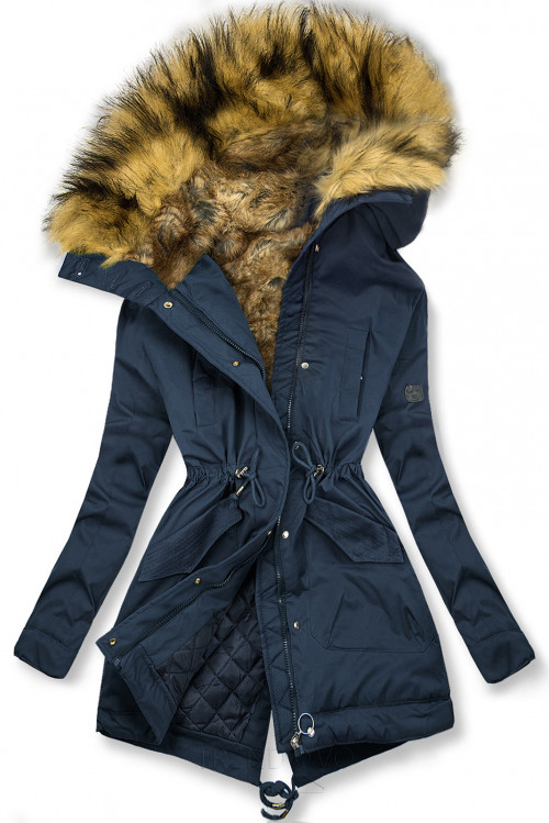 Tmavěmodrá zimní bunda s vysokým límcem a kožešinou