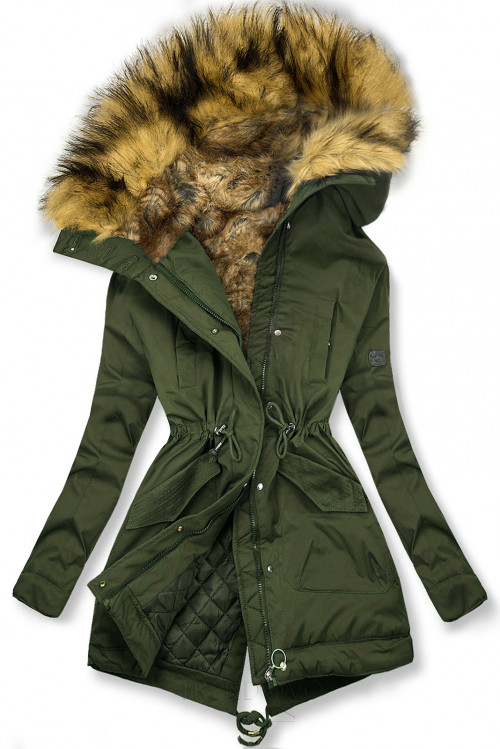 Olivově zelená zimní bunda s vysokým límcem a kožešinou