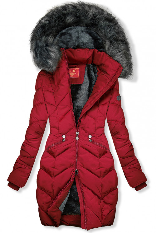 Vínově červená prošívaná zimní bunda s odnímatelnou kapucí