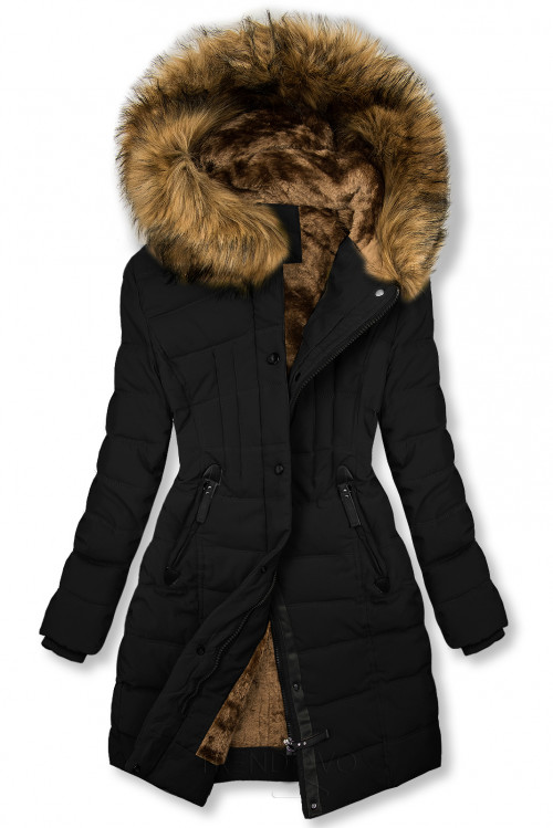 Černá zimní bunda s plyšem a kožešinou