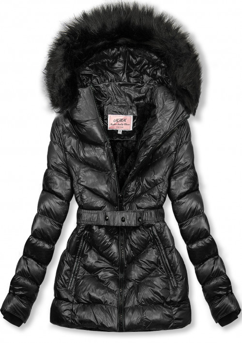 Černá zimní krátká bunda s černou kožešinou