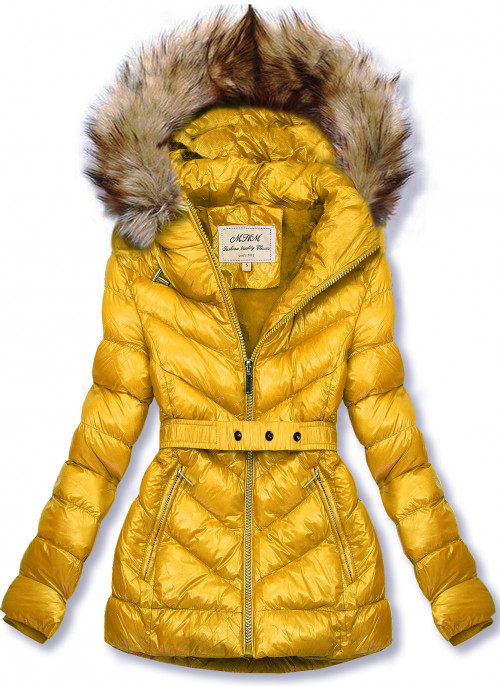 Žlutá zimní krátká bunda s hnědou kožešinou