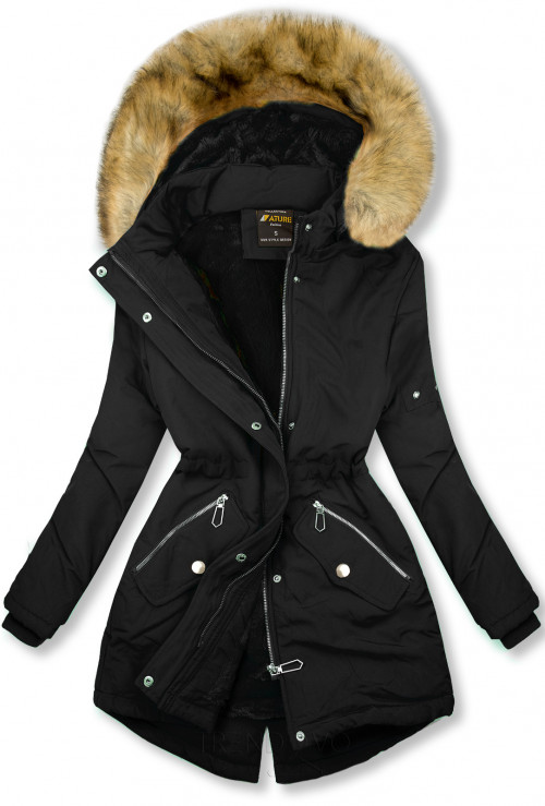 Černá zimní bunda s hnědou kožešinou