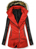 Červený kabát s koženkovými rukávy