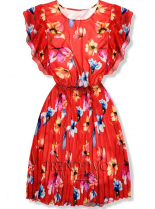 Červené květinové šaty s volány na ramenou