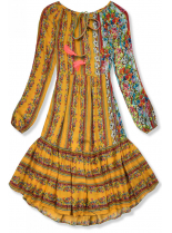 Mustard vzorované šaty ve volném střihu
